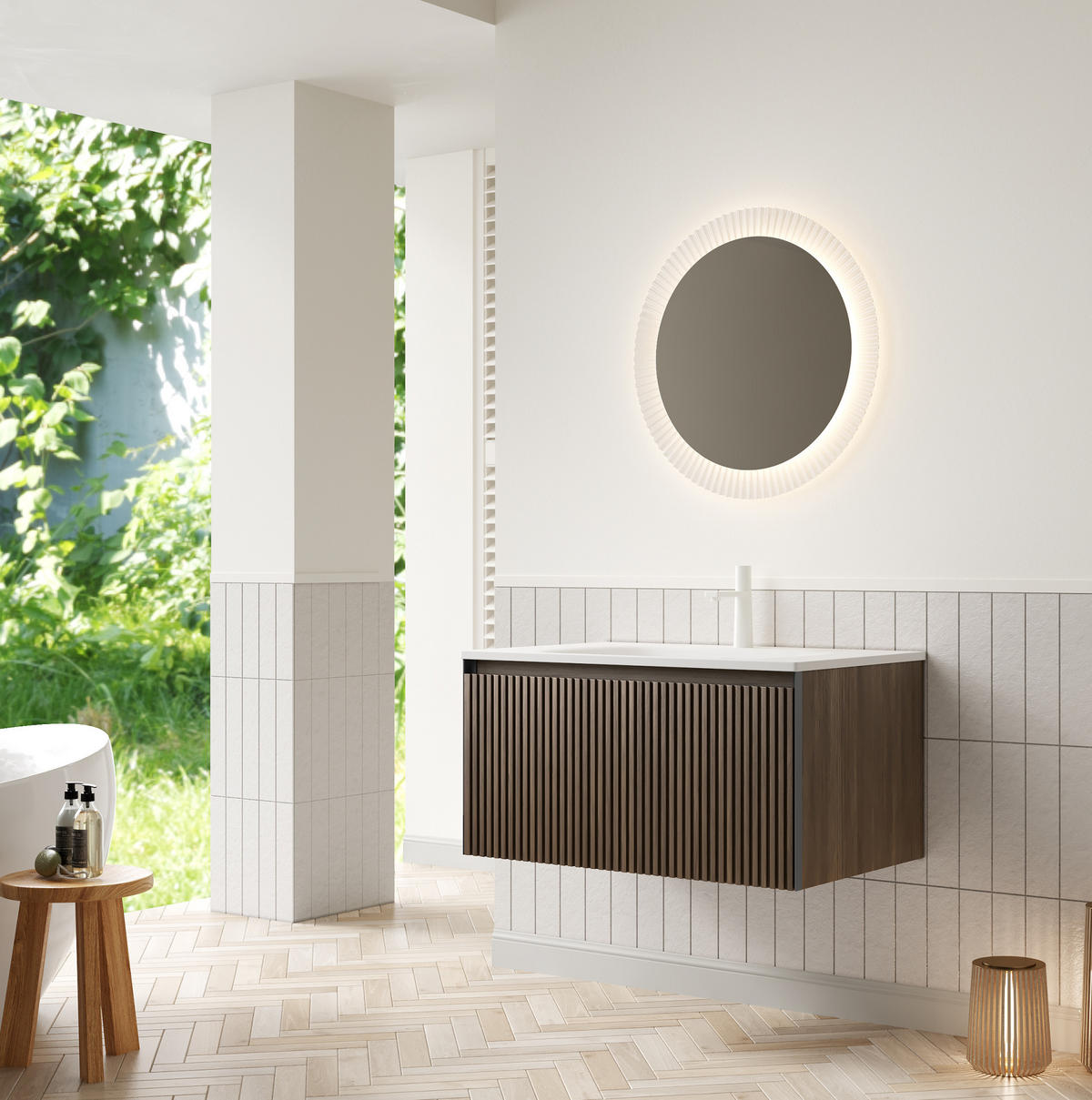 WASCHTISCHKOMBI 80/46/41 cm braun/weiß aus Keramik und Holzwerkstoff mit Schublade - Braun, Holzwerkstoff (80/41.8/46cm) - OKWISH