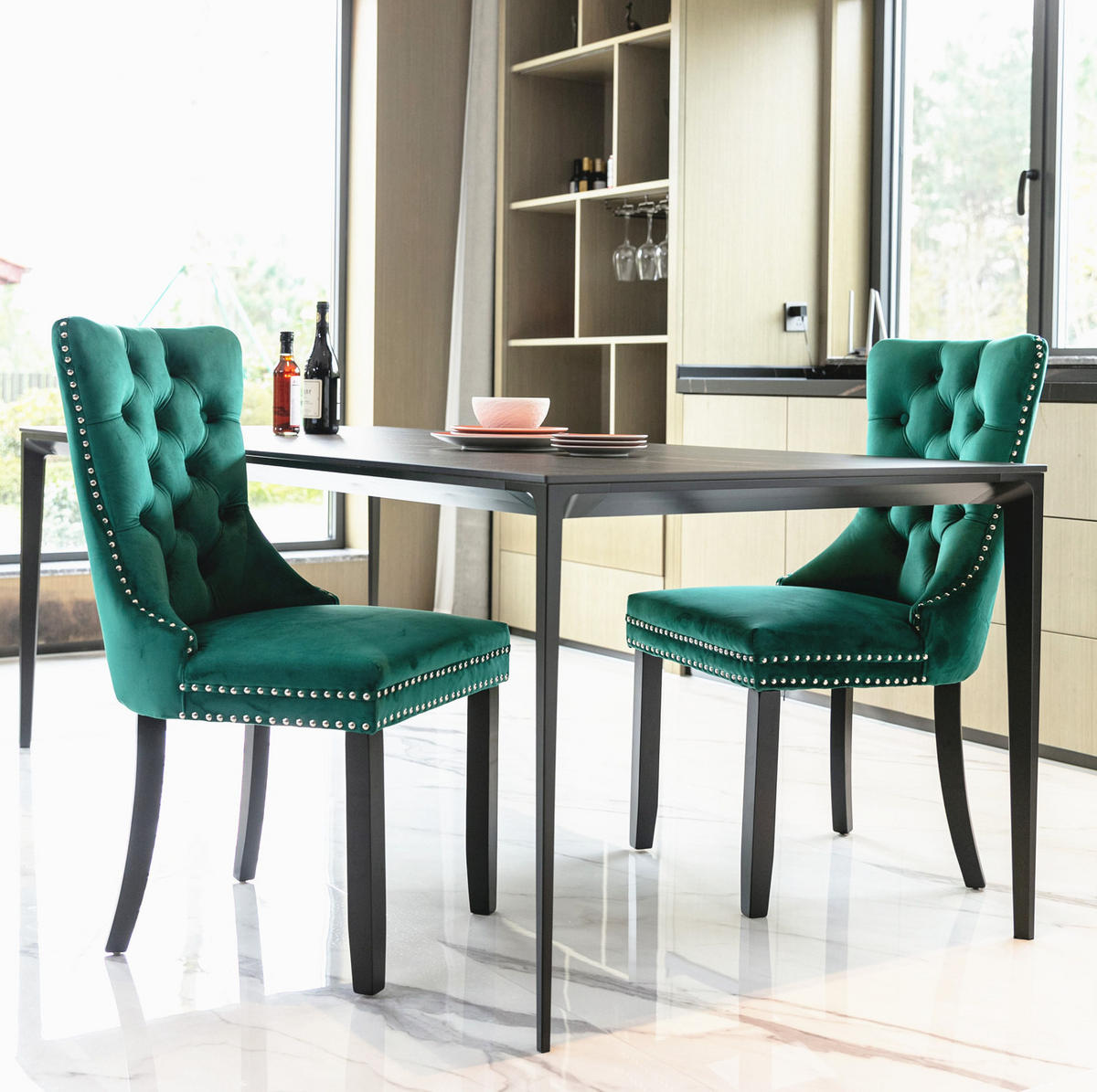 STUHL 2er-Set mit hoher Rückenlehne Samt Green - Grün, Metall (50/95/65cm) - Meubliv