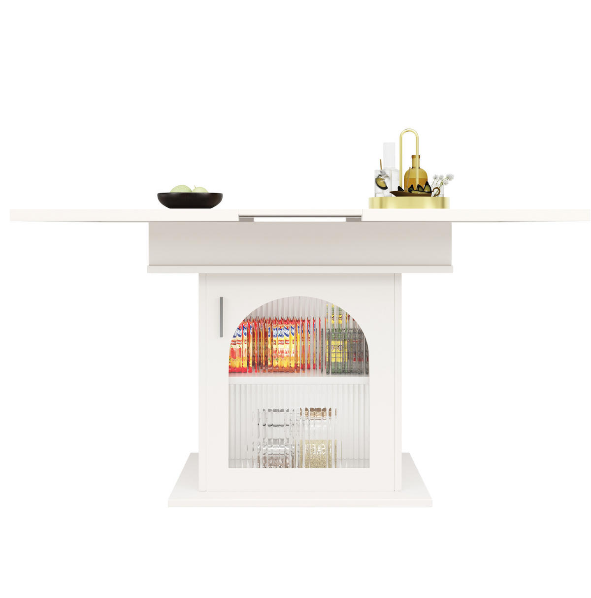 ESSTISCH 110-140x80x76 cm in Weiß aus MDF und Glas mit 3 Ablagen und Regenbogen-Glastüren ausziehbar - Weiß, Holzwerkstoff (140/80/76cm) - Modfu