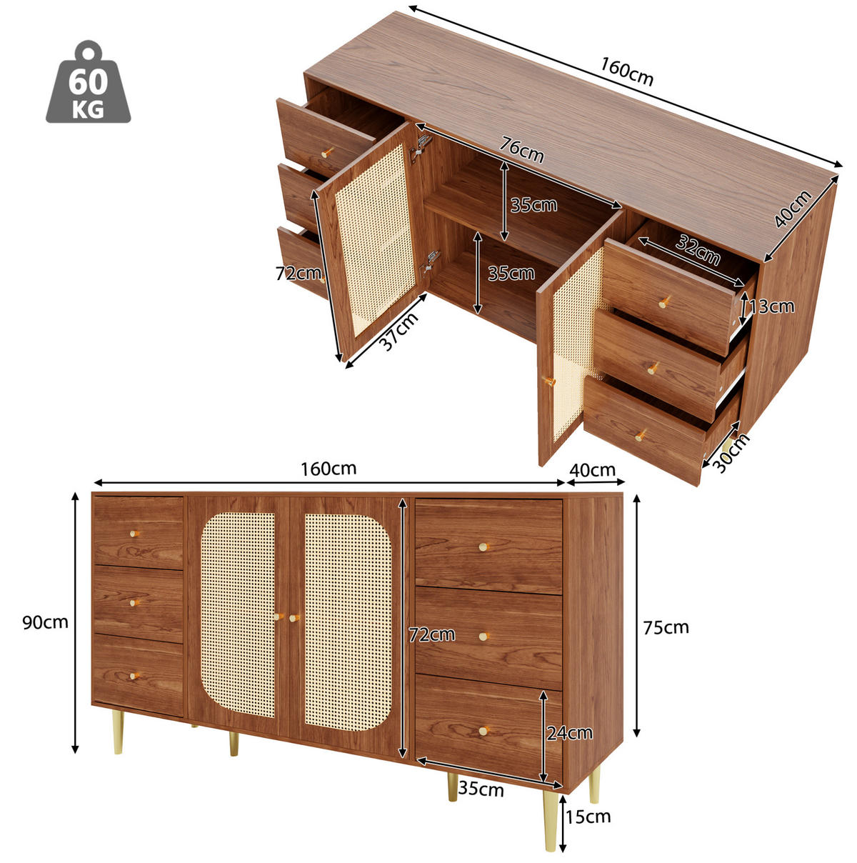 SIDEBOARD 160/40/90 cm in Holzoptik mit Rattantüren und 6 Schubladen - Eichefarben, Holzwerkstoff (160/90/40cm) - Flora Grace