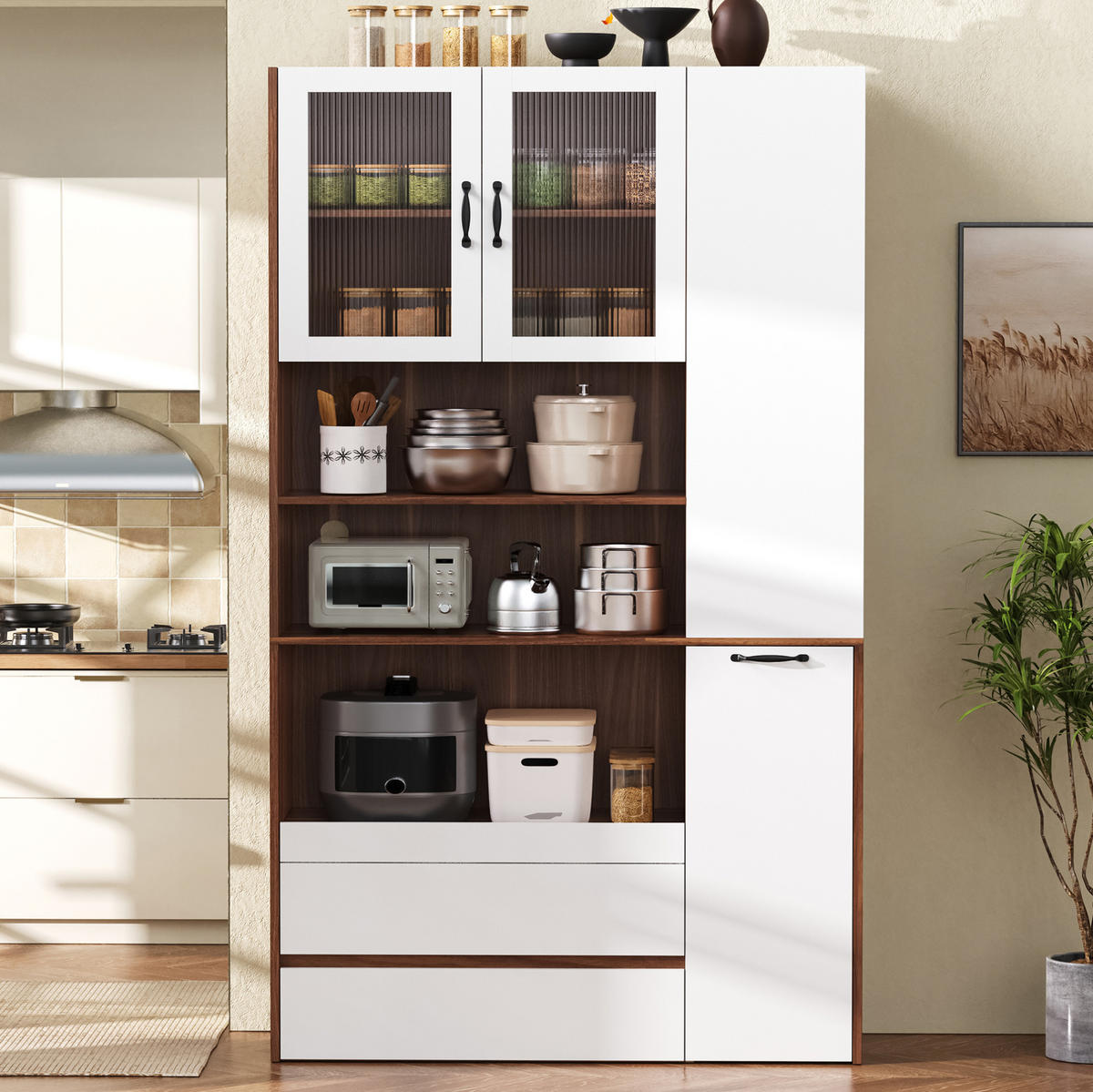 HIGHBOARD 100/40/200 cm mit Auszugsablage, Riffelglas und 2 Schubladen aus MDF, Weiß/Nussbaum - Weiß/Braun, Holzwerkstoff (100/200/40cm) - Redom