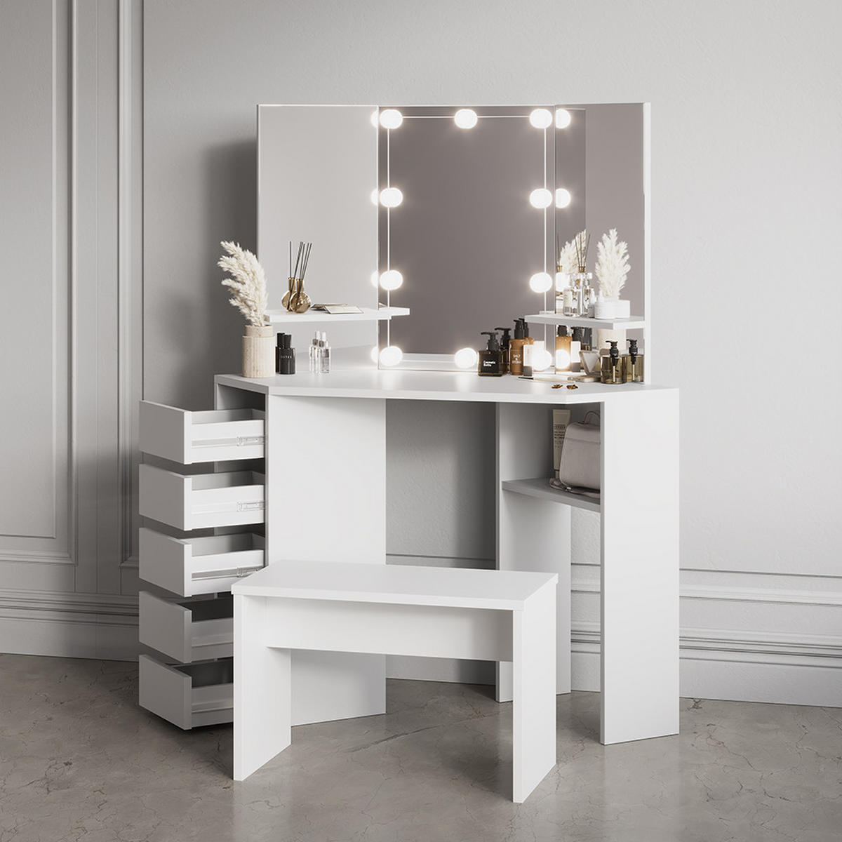 ECKSCHMINKTISCH Enna Weiß 110 cm mit LED Beleuchtung und Bank - Weiß, Holzwerkstoff (110/141.5/54cm) - Livinity®