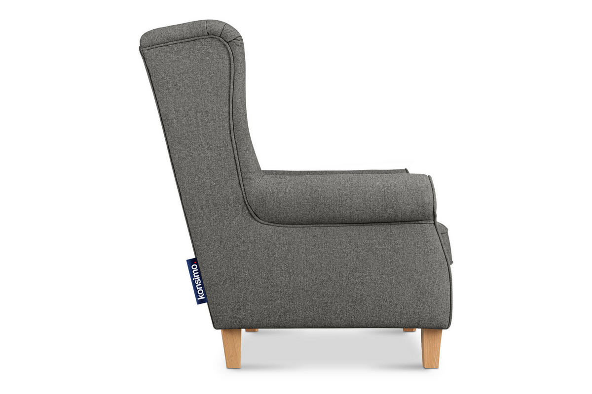 OHRENSESSEL MILES Massivholzbeine, grau/buchenfarben - Graubraun, Holzwerkstoff/Buchenholz (82/105/97cm) - KONSIMO®