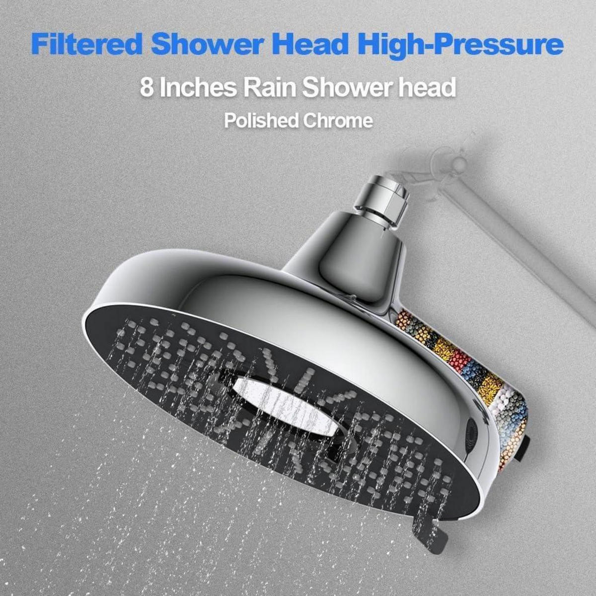 DUSCHKOPF 8 Zoll Hochdruck mit 18-stufigem Filter - Silberfarben, Metall (20.3/12.7/21.5cm)