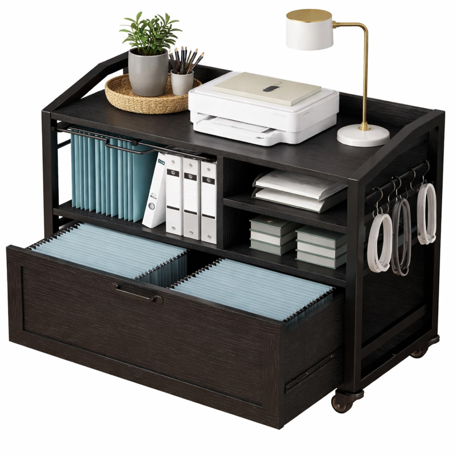 ROLLCONTAINER AKTENSCHRANK mit Hängeregister & Rollen INDUSTRIAL 83.8 x 40.0 x 72.5 cm - Schwarz, Holzwerkstoff/Metall (83/72.5/40cm) - Quality Elegance