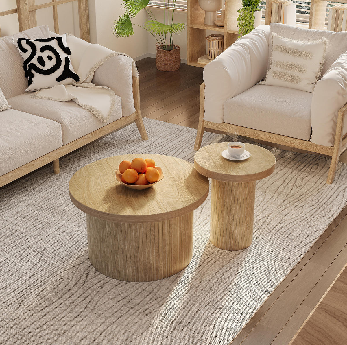 SADA konferenčních stolků 66/66/40 cm přírodní z MDF zasouvací - přírodní, kompozitní dřevo (66/66/40cm) - OKWISH