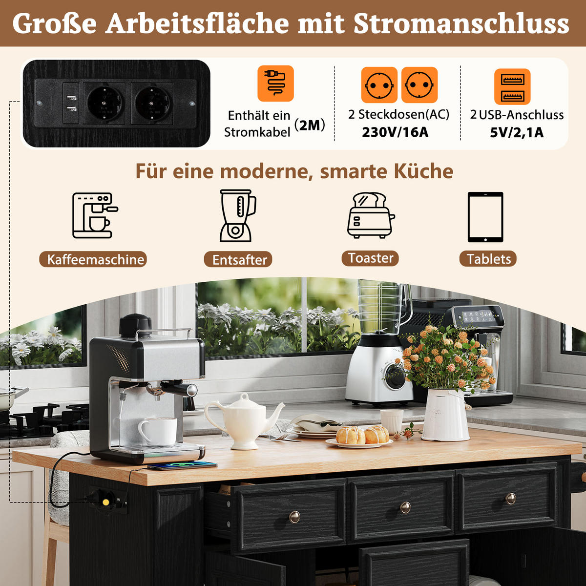 KÜCHENINSEL 130.5/65/92 cm Schwarz mit 5 Schubladen, verstellbaren Einlegeböden und Steckdosenleisten - Schwarz, Holz/Holzwerkstoff (130.5/92/40cm) - Oxeza
