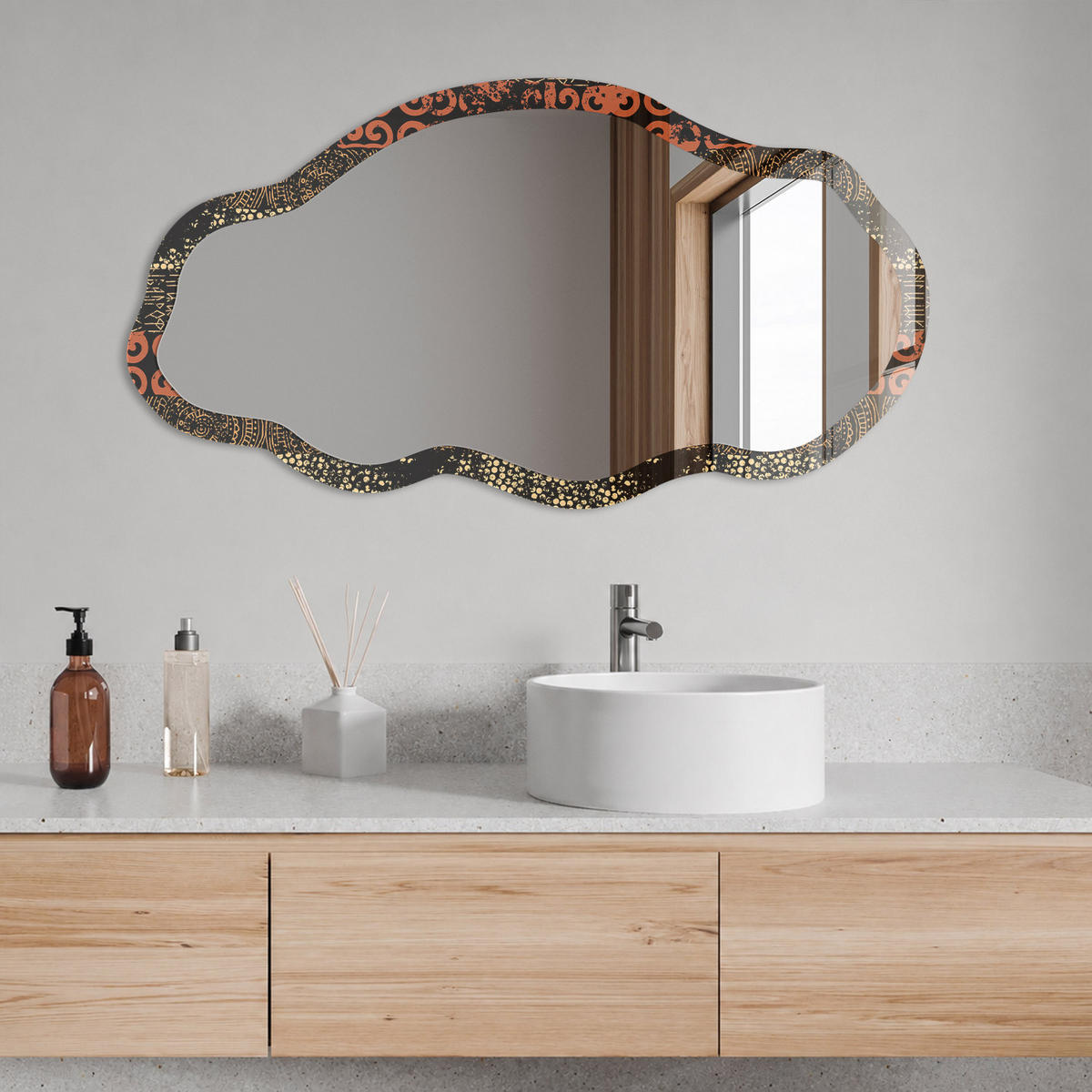 SPIEGEL 90x45 cm asymmetrisch mit Druck - Retro-Ornament - Transparent, Glas (45/90/0.4cm) - TULUP