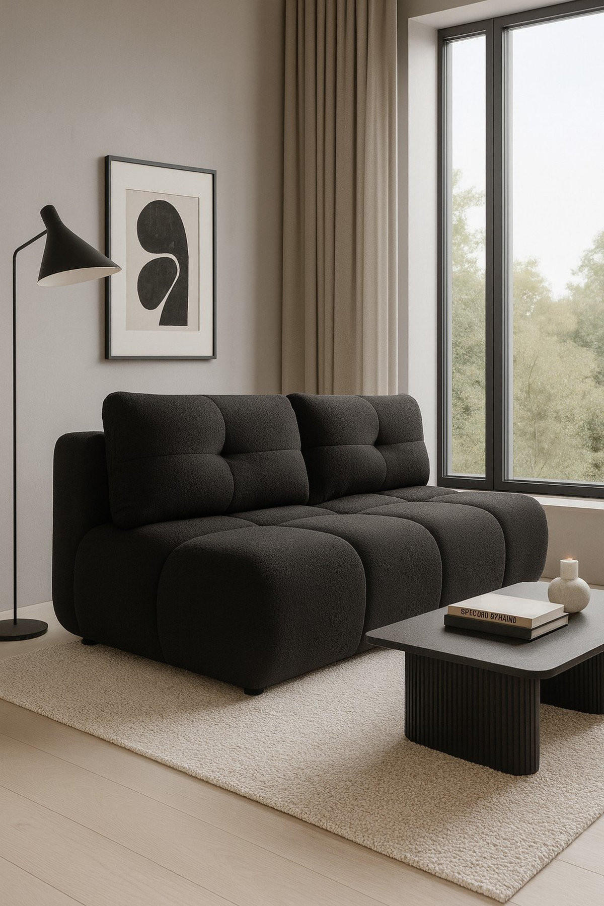 SCHLAFSOFA MILA, Sofa mit Schlaffunktion und Bettkasten, Farbe: Schwarz, Bouclé-Stoff - Schwarz, Textil (214/89/104cm) - Sepro Meble