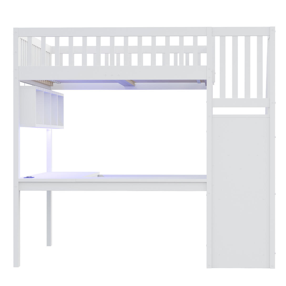 HOCHBETT 140/200 cm DE-01497, in Weiß, mit Aufbewahrungstreppe, Schreibtisch und LED-Licht - Weiß, Holz (140/200cm) - ComfortXL