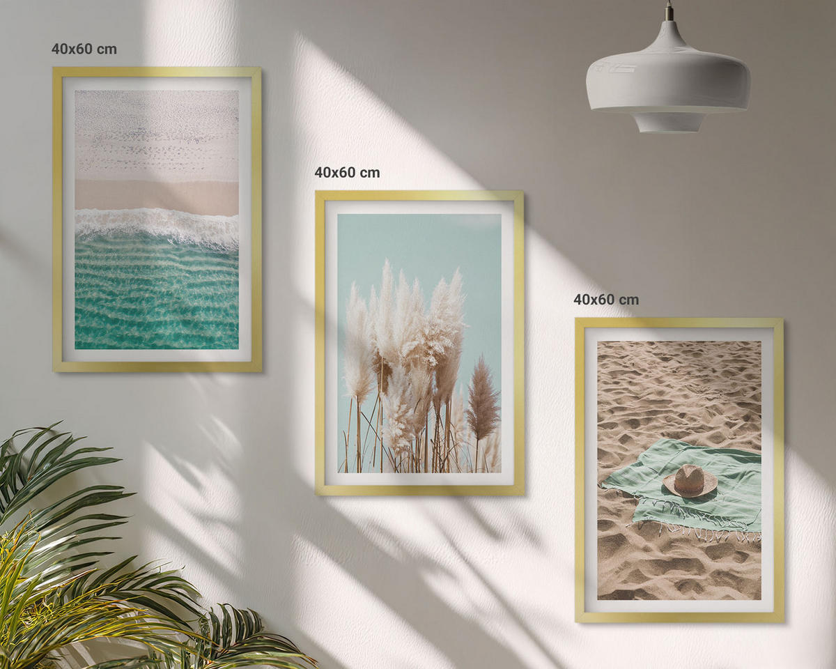 WANDBILDER 3er Set - 40x60 cm Goldrahmen - Strandwellen Grashut - Goldfarben, Kunststoff (40/60cm) - ArtPrintCave