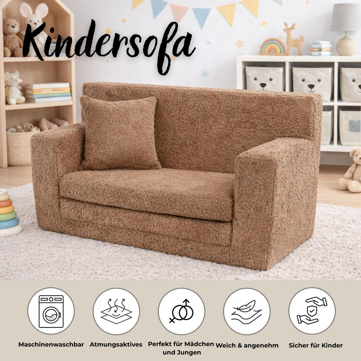 KINDERSOFA David – Stilvoller Komfort für das Kinderzimmer - In den Trendfarben - Braun, Textil (83/47/43cm) - Fortisline