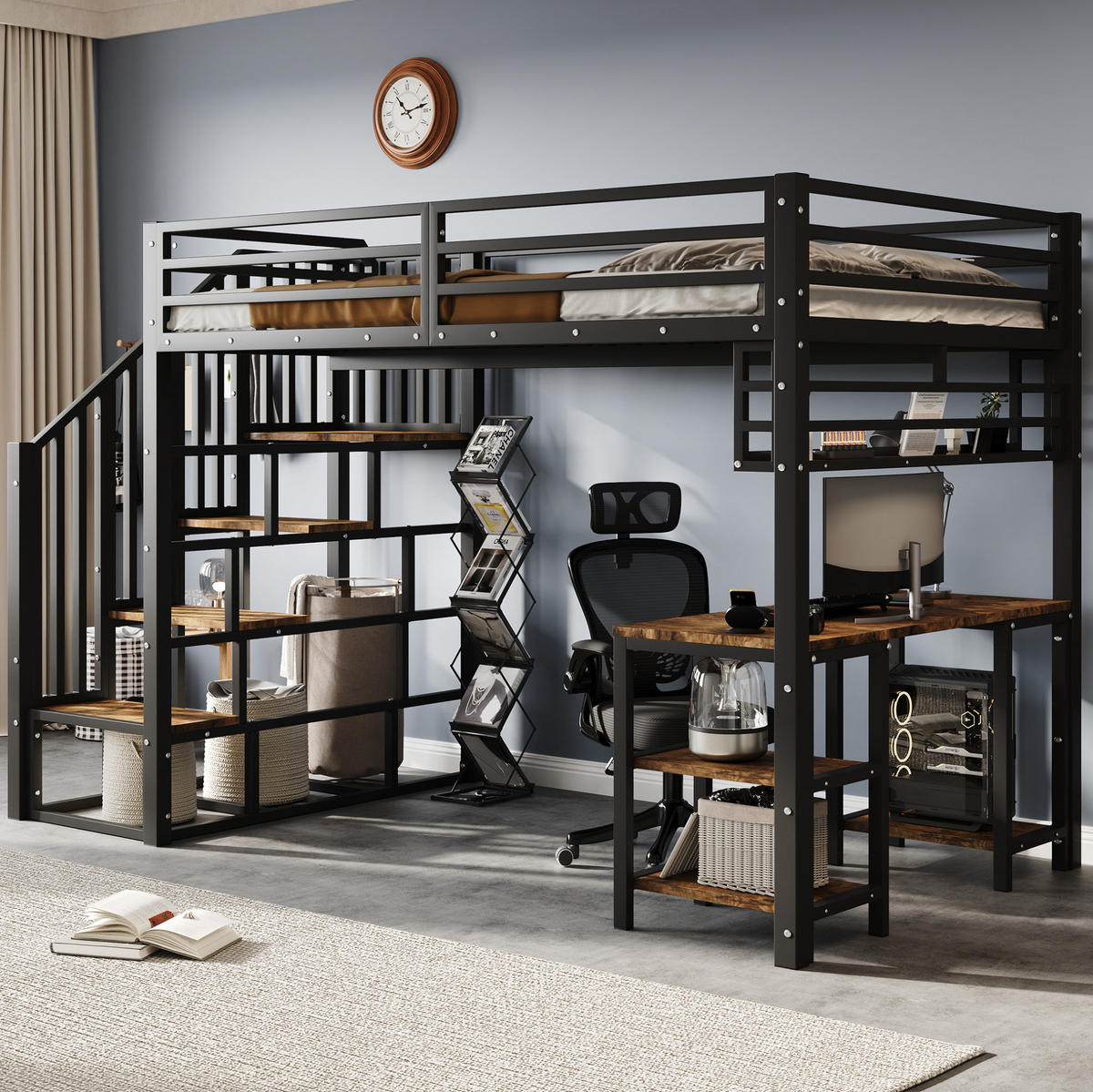 HOCHBETT 120/200 cm aus Metall und Holzwerkstoff mit Schreibtisch und Regal Schwarz/Dunkelwalnuss - Schwarz, Metall (120/200cm) - Modenvie