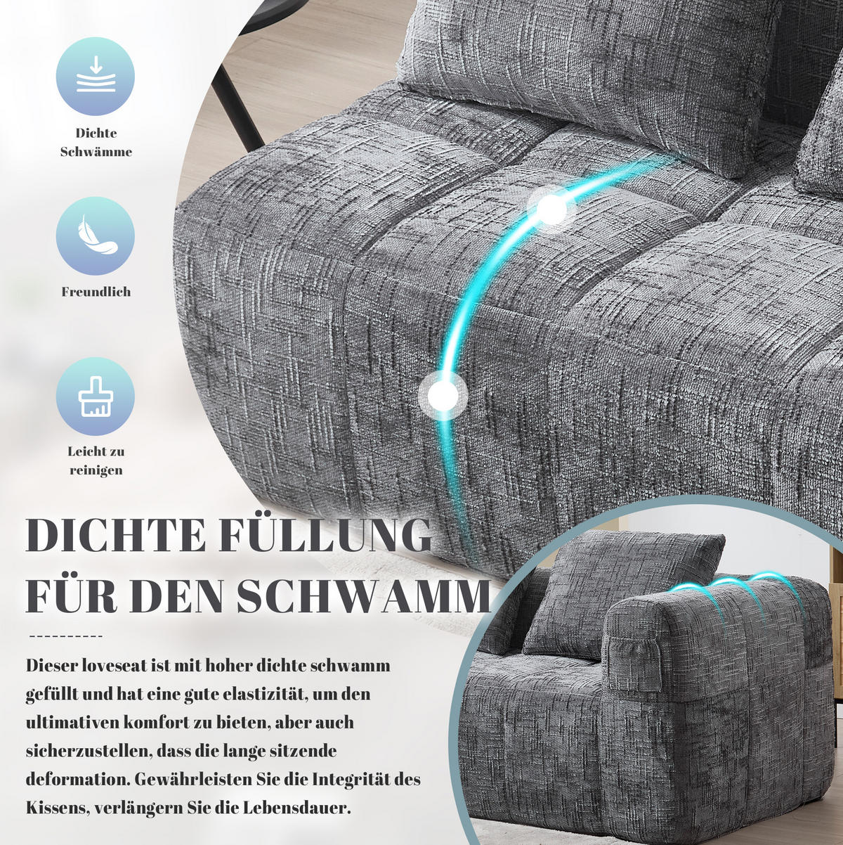 2-SITZER 158/90/60 cm Grau aus Chenille mit Seitentaschen - Grau, Textil (90/60/158cm) - OKMYHOME