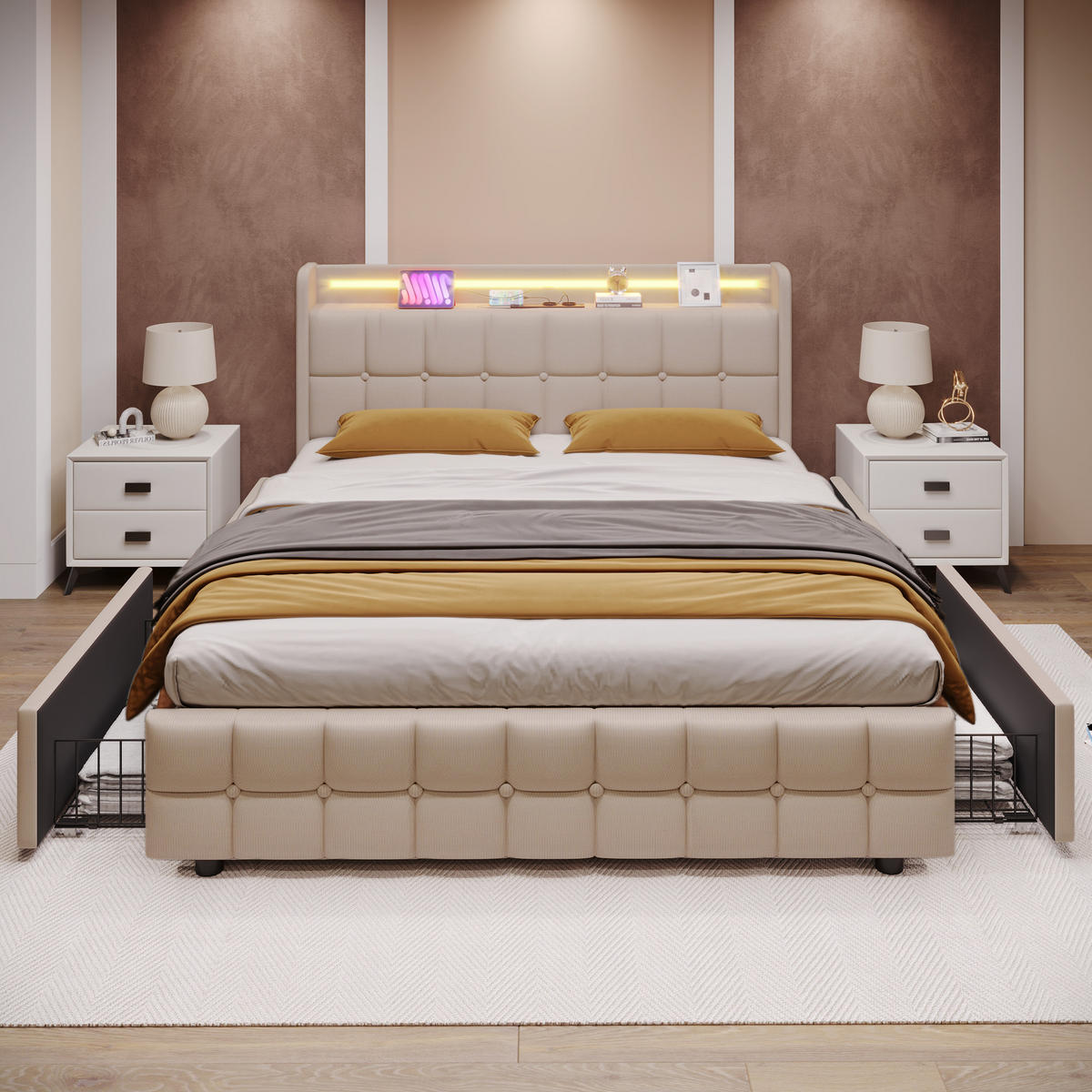 POLSTERBETT 160/200 cm in Beige mit 4 Schubladen, LED und USB Stoff - Beige, Holzwerkstoff/Textil (160/200cm) - STILVORA