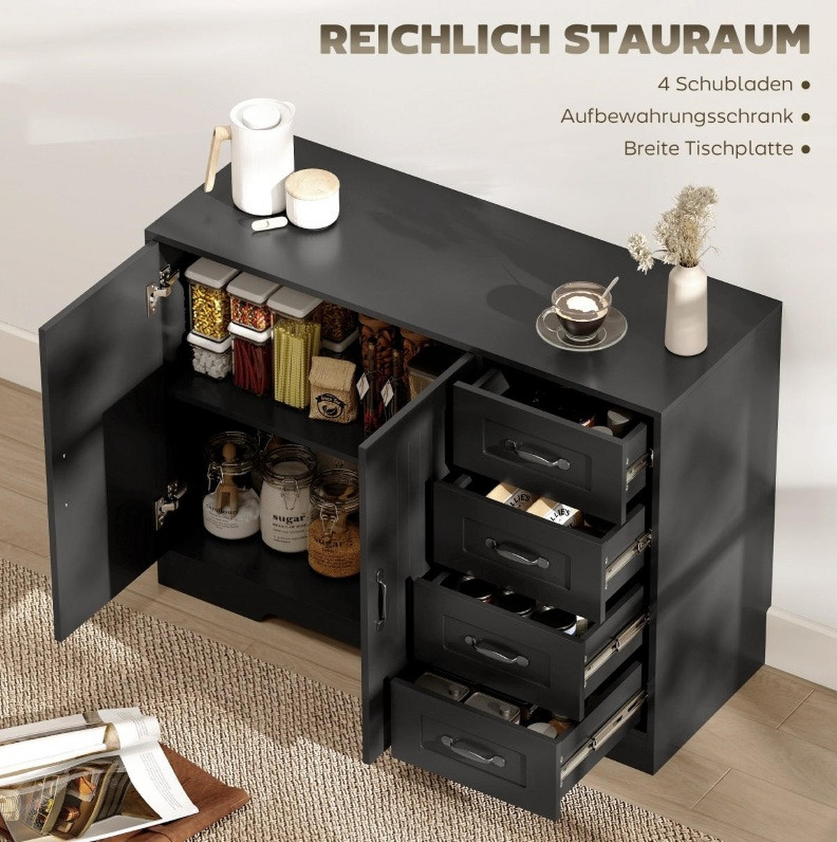 SIDEBOARD 105/40/76 cm in Schwarz mit 4 Schubladen und verstellbarem Einlegeboden - Schwarz, Holz (105/76/40cm) - Flora Grace