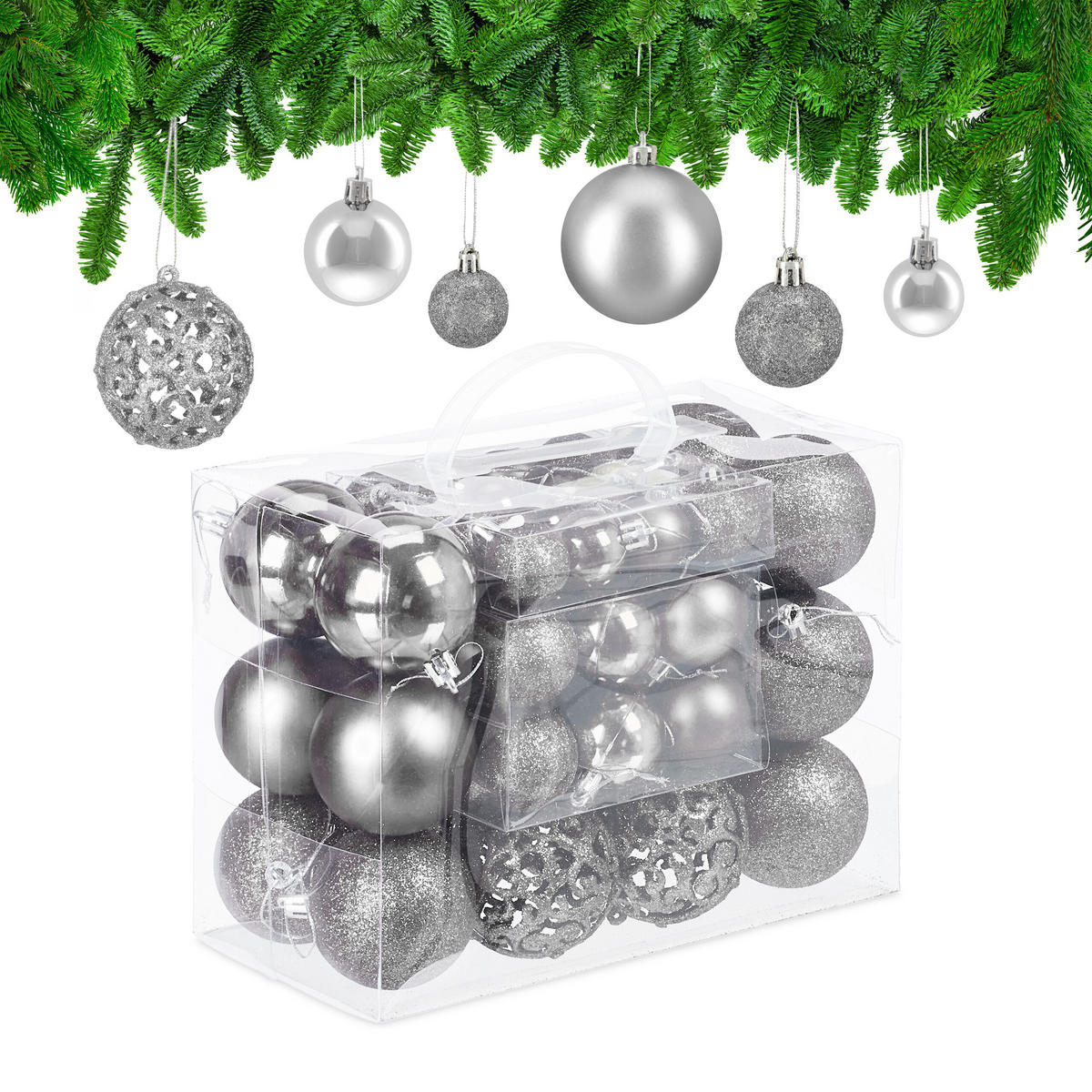 WEIHNACHTSKUGELN-SET 50-tlg. - Silberfarben, Kunststoff (6/7/6cm) - Relaxdays