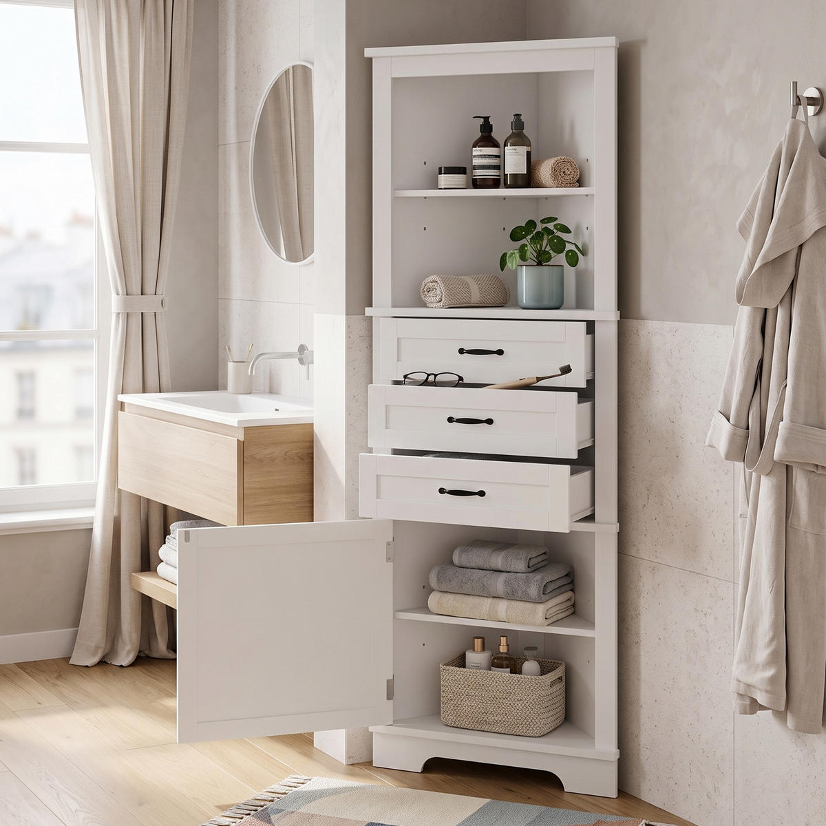 ECKSCHRANK BADEZIMMER Weiß mit 3 Schubladen & offenen Fächern - Weiß, Holzwerkstoff (57.7/167.5/46cm) - Urban Meuble