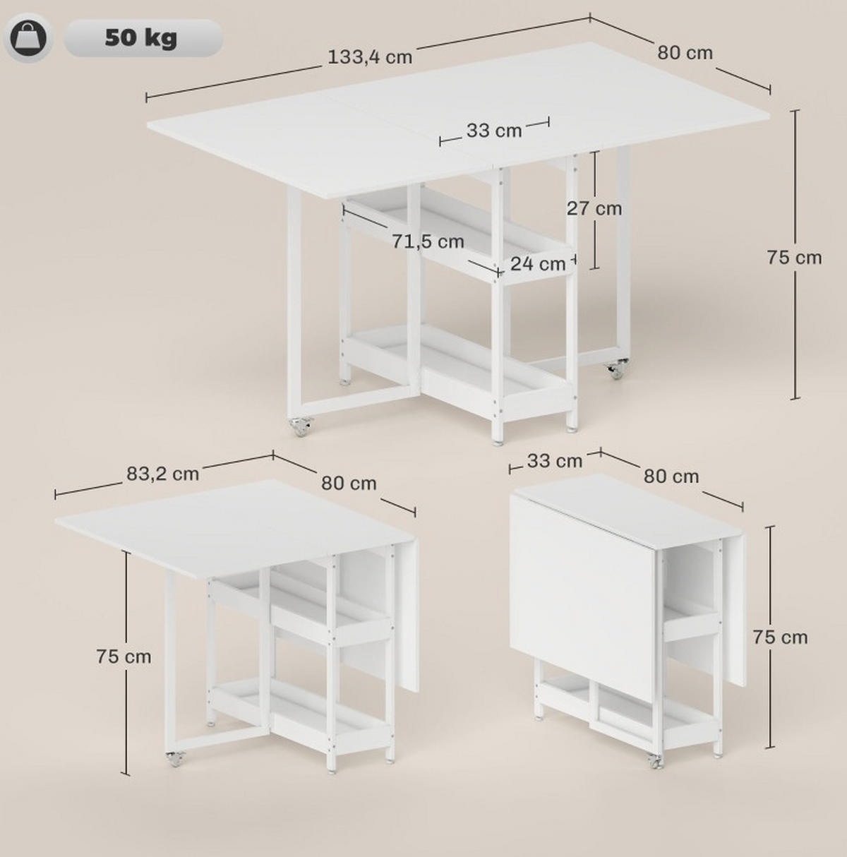 KLAPPTISCH 133,4/80/75 cm in Weiß – platzsparend mit Ablagen und Rollen - Weiß, Holz (133.4/80/75cm) - BEAOK