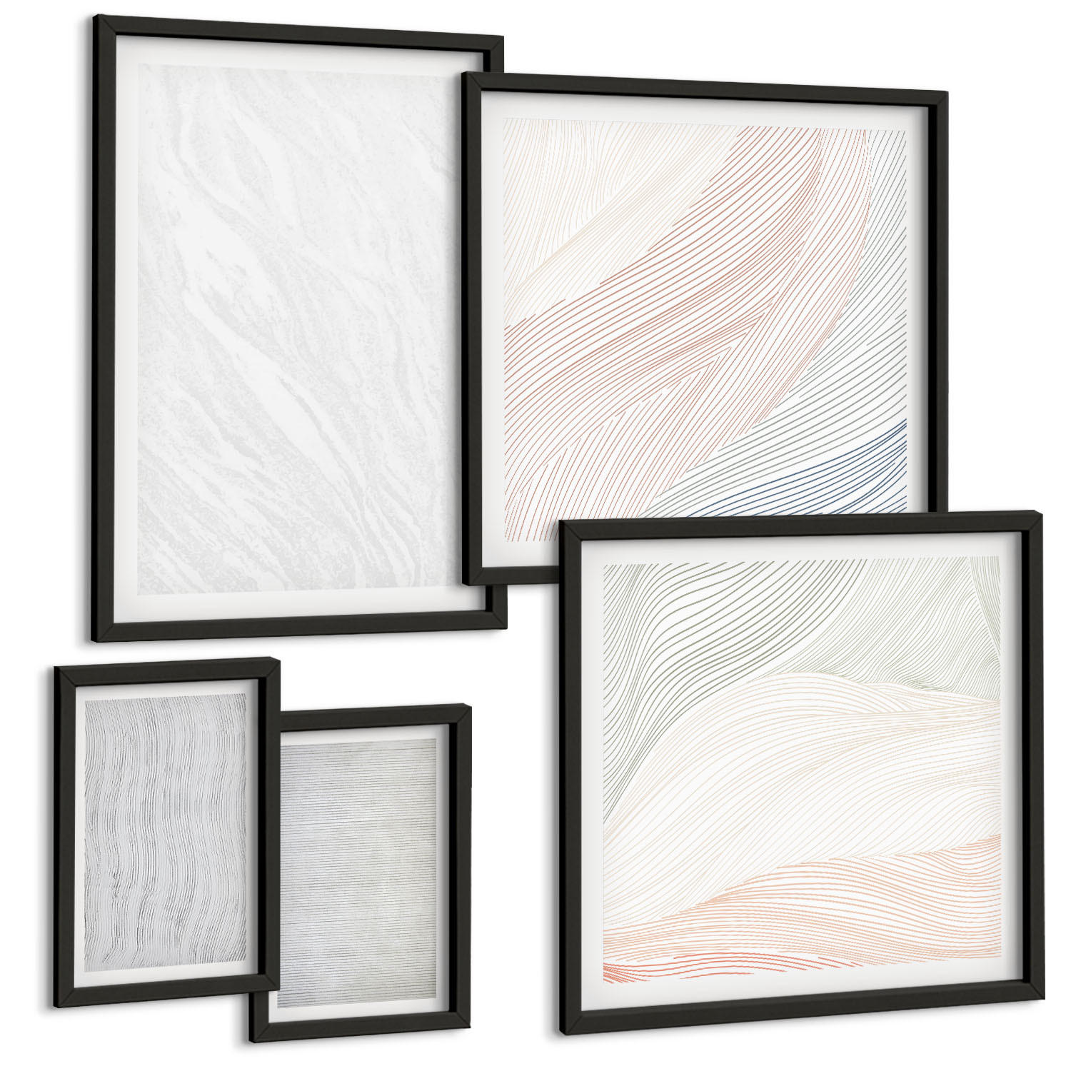 BILDER SET 5er Set - 50x50 cm & 20x30 cm & 40x60 cm Schwarzer Rahmen - Leuchtende Strukturen, Sandmuster - Schwarz, Kunststoff (40/60cm) - TULUP