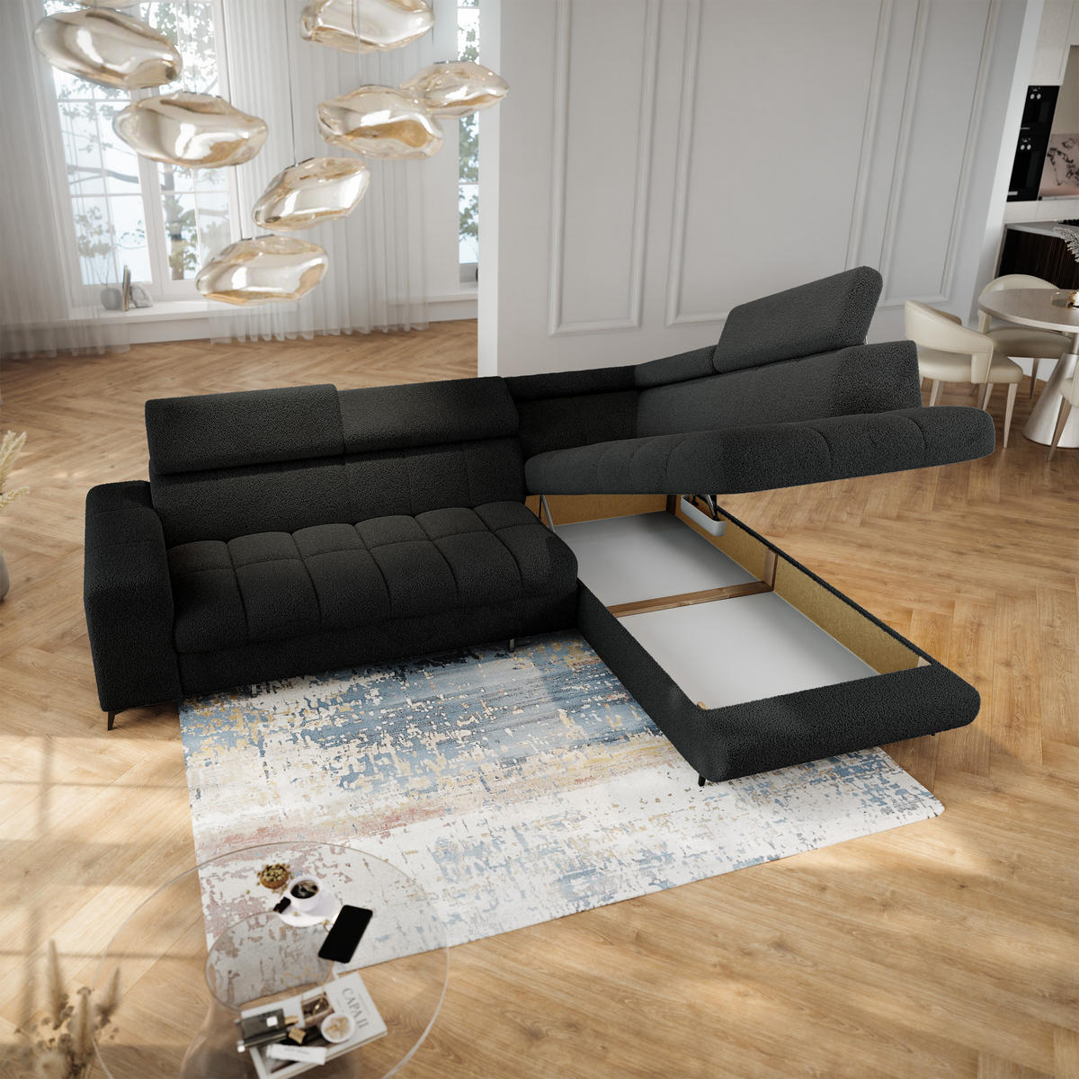 ECKSOFA MORIVA Q R-S Schwarz Boucle-Stoff mit Schlaffunktion - Schwarz, Holzwerkstoff/Textil (253/190cm) - MASSENO