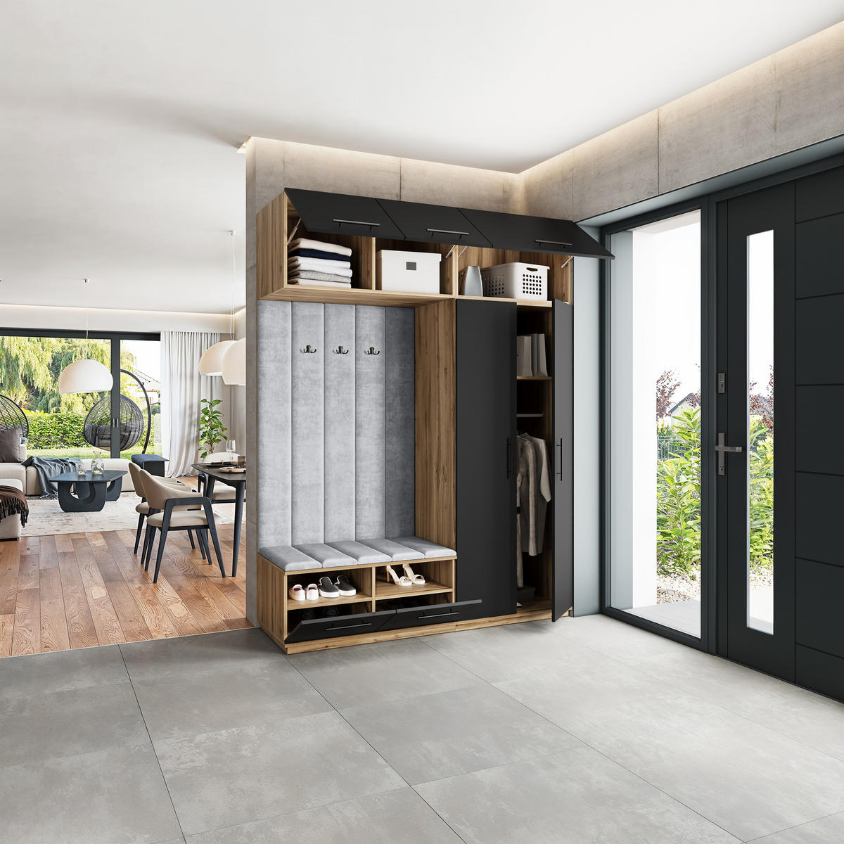 GARDEROBENSCHRANK REMA 180/240/60 cm Modern Eiche Wotan - Eiche Wotan/Schwarz, Holzwerkstoff (180/240/60cm) - MASSENO