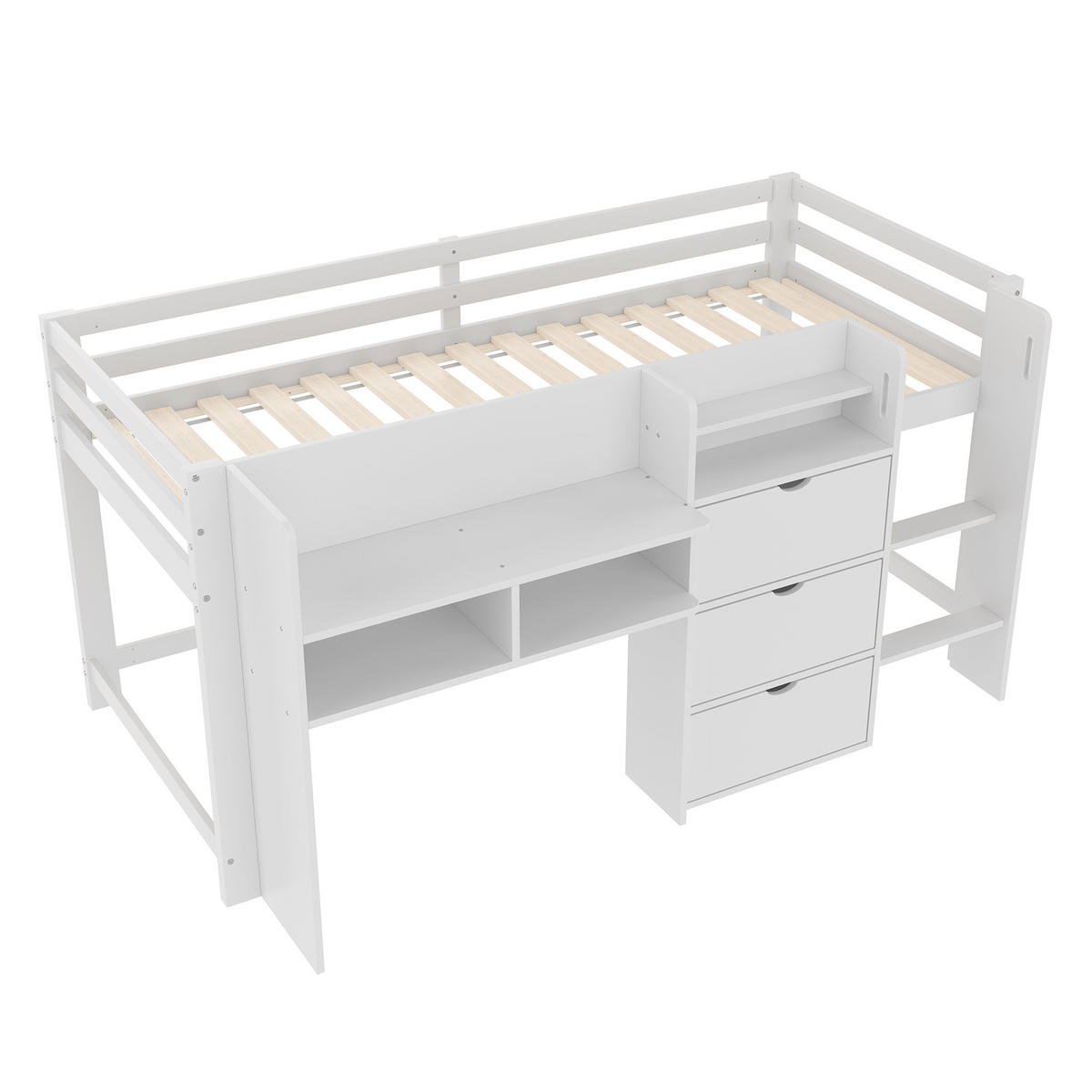 HALBHOHES BETT 90x200cm Weiß Hausform Entertainment-Bereich Staufächer - Weiß, Holz (90/200cm) - FLIEKS