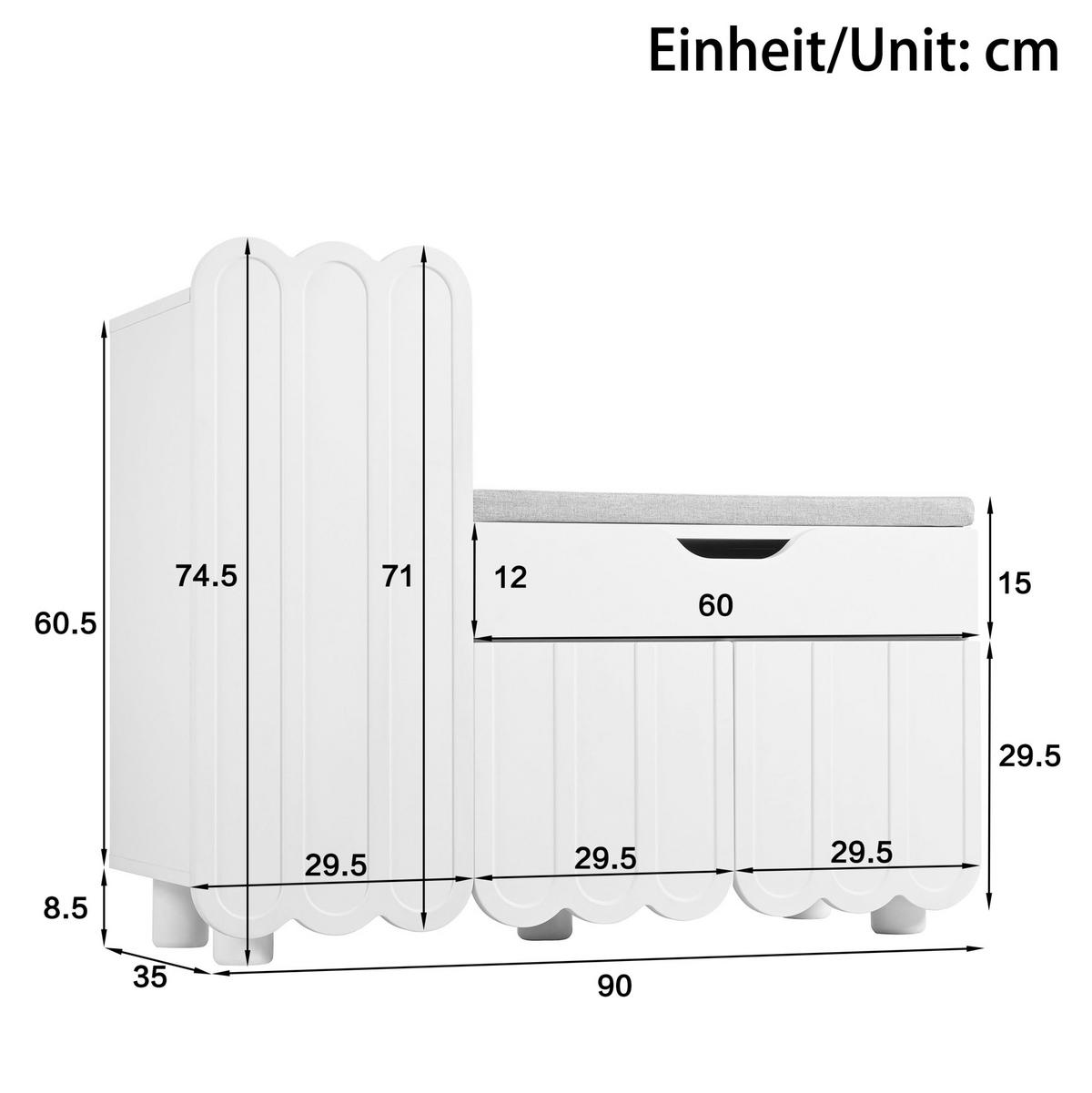 SCHUHSCHRANK 90/74,5/35 cm Weiß aus MDF mit Sitzpolster und Schublade - Weiß, Holzwerkstoff (90/74.5/35cm) - OKMYHOME