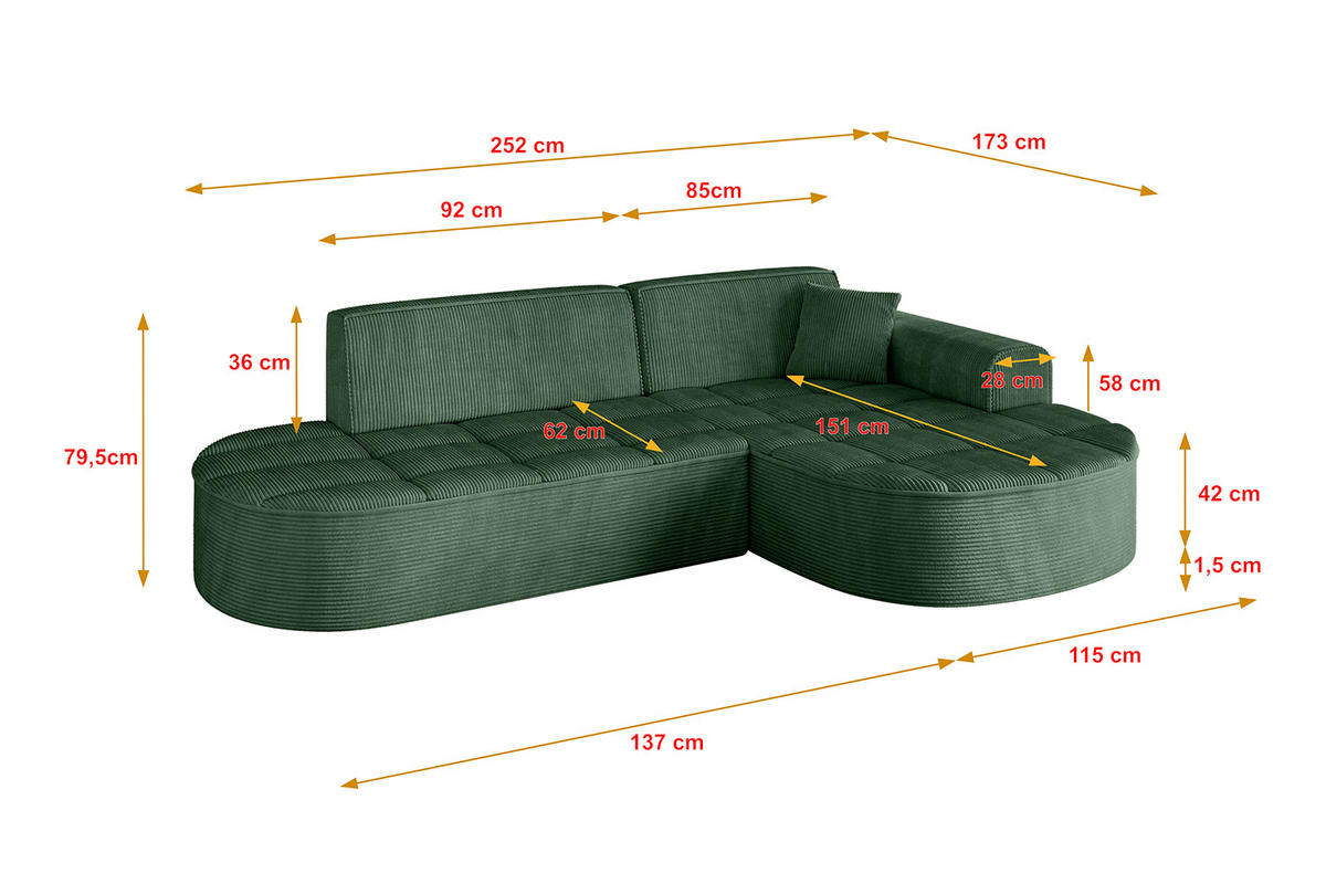 ECKSOFA Ottomane Rechts LIVO-L1 - 252x173x79,5 cm Grün - Grün, Holzwerkstoff/Textil (252/173cm) - ALTDECOR