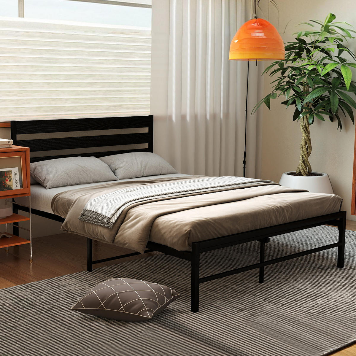 METALLBETT 140/200 cm Schwarz mit komfortablem Kopfteil - Schwarz, Metall (140/200cm) - OKWISH