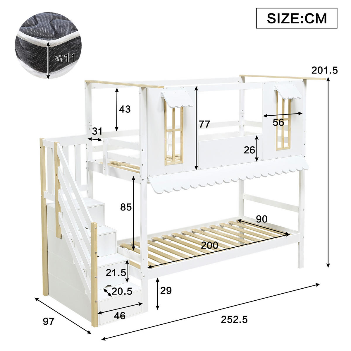 PATROVÁ postel z borovice a MDF 90x200 cm bílá/přírodní s úložnými schody, okénky a dekorativní stříškou - bílá, dřevo (90/200cm) - Modfu