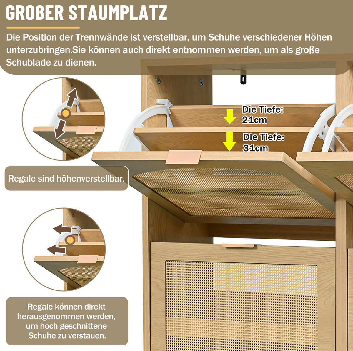 SCHUHSCHRANK mit 4 Klappen 100/25/90 cm in Eichenoptik mit Rattanfront - Naturfarben, Holzwerkstoff (100/90/25cm) - BEAOK