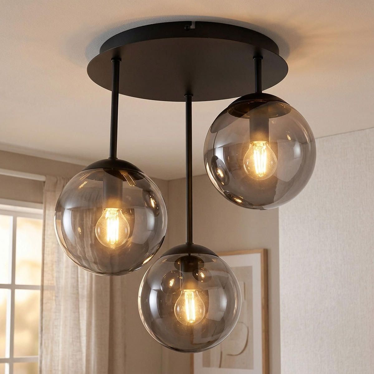 DECKENLEUCHTE HARMON, Metall, Schwarz, Rauchoptik - Schwarz, Glas (34/32.5/40cm) - Globo Lighting