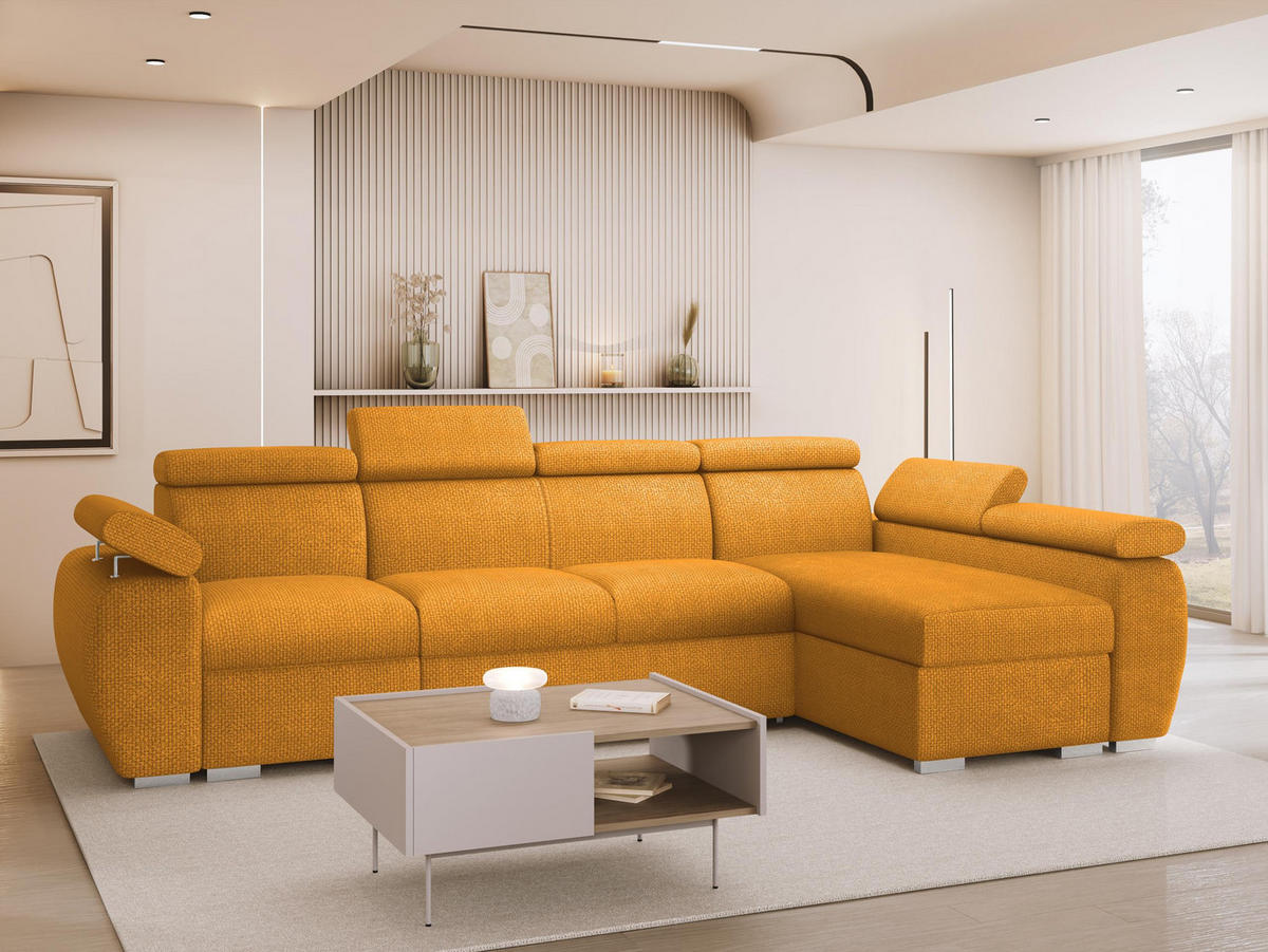 ECKSOFA Boston LCP, Seite: Rechts 1P(65)+2R+LCP - Currygelb/Silberfarben, Holz/Textil (320/170cm) - MIRJAN24