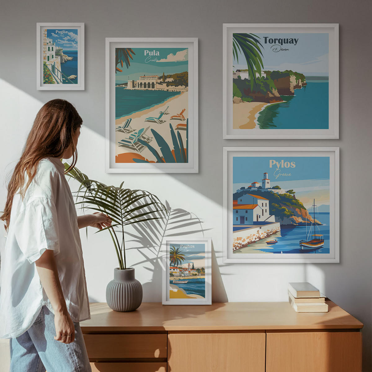 BILDER SET 5er Set - 50x50 cm & 20x30 cm & 40x60 cm Weißer Rahmen - Italienische Küstenstädte - Weiß, Kunststoff (40/60cm) - TULUP