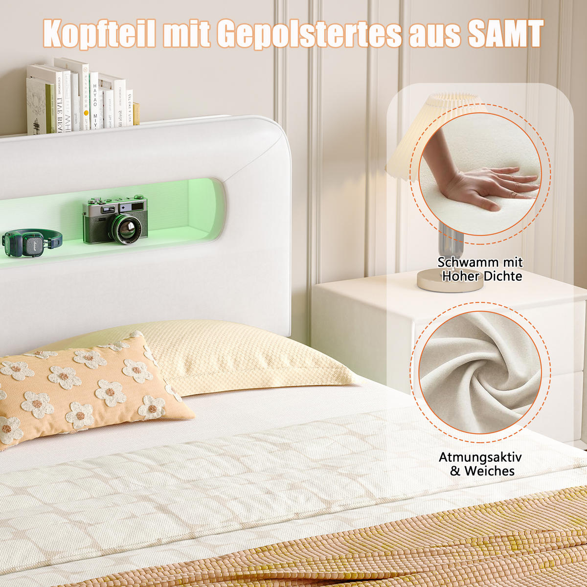 POLSTERBETT 140x200 cm LED Stauraum Lattenrost Ablagefach Samt beige - Weiß, Holz (140/200cm) - LEBENLANG