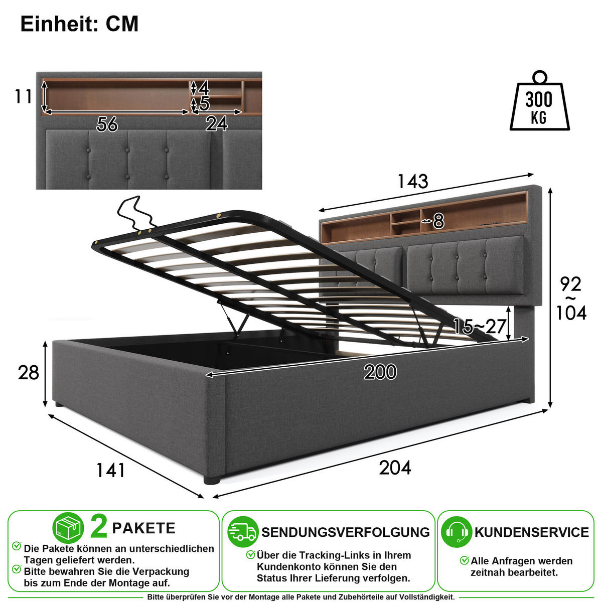 ČALOUNĚNÁ POSTEL 140/200 cm v šedé barvě s úložným prostorem, USB a Type-C - šedá, kov/kompozitní dřevo (140/200cm) - CHICFURN