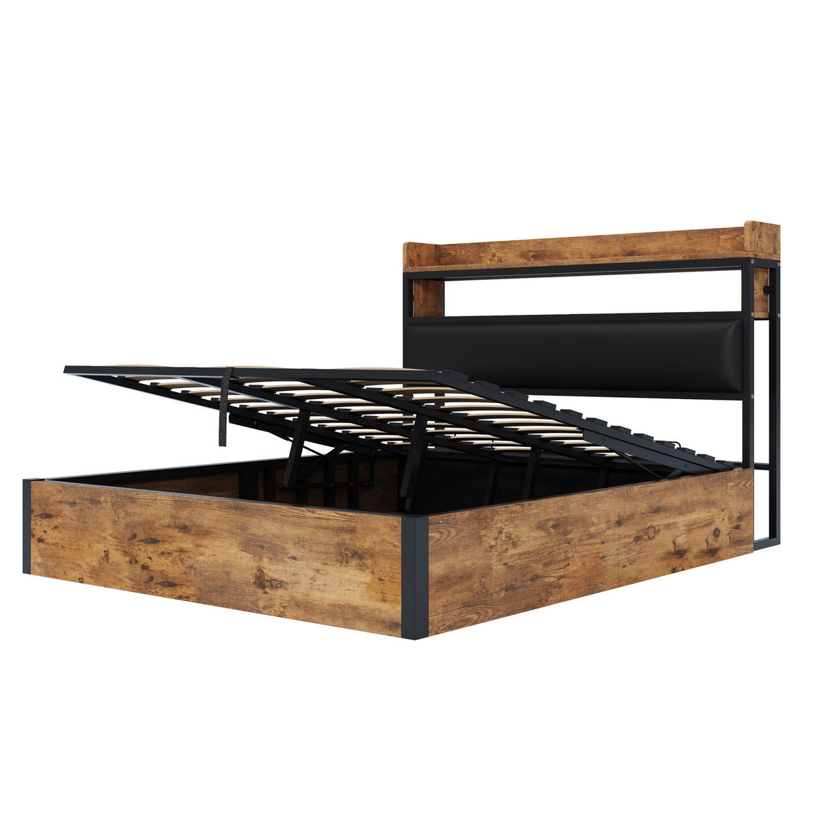 ČALOUNĚNÁ postel 180/200 cm, kov a dřevo černá, s hydraulickým úložným prostorem a USB - černá, kov (180/200cm) - BEAOK