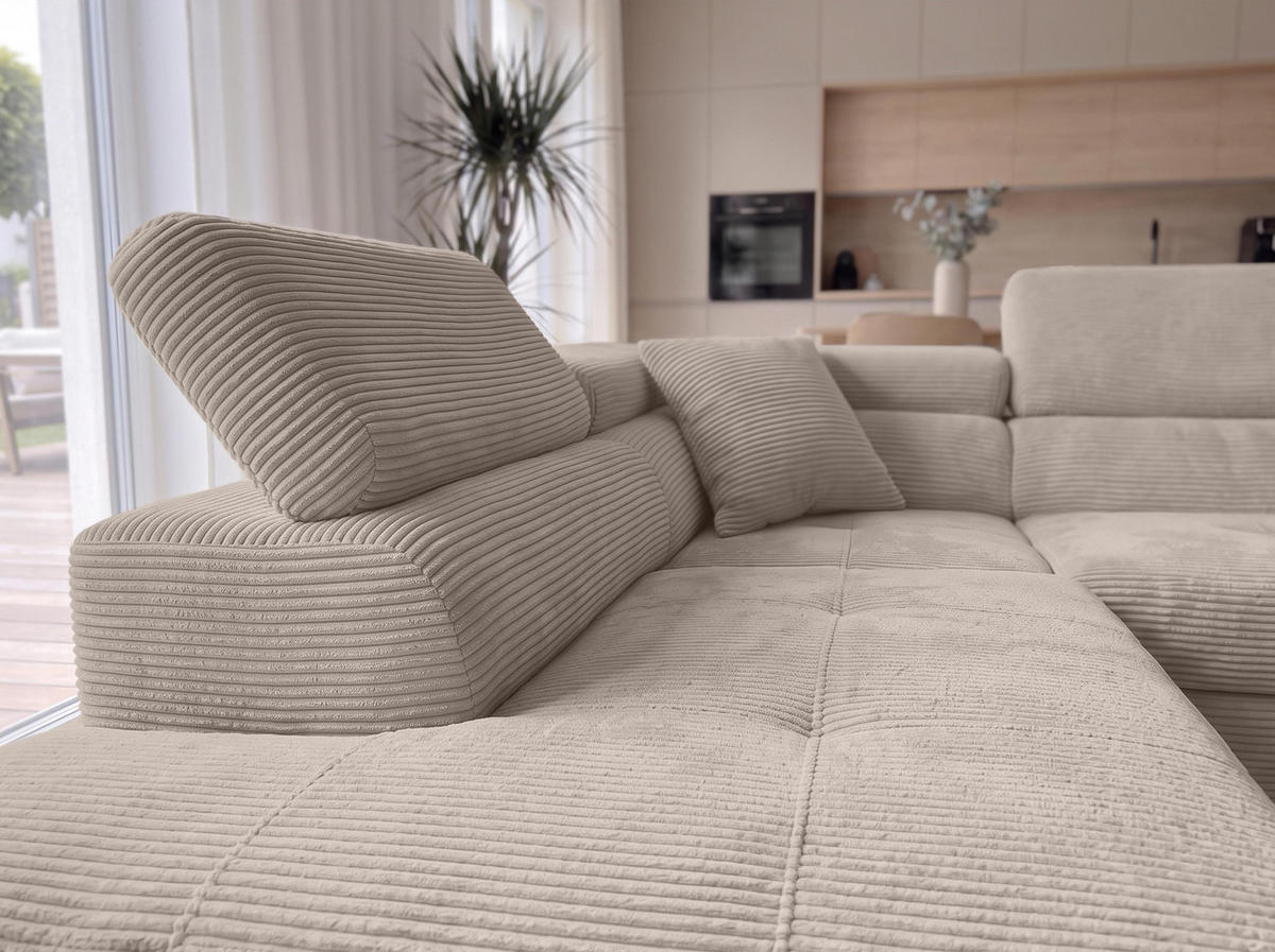 ECKSOFA L Form Konak Beige 276/201/90 cm Links mit Schlaffunktion - Beige/Silberfarben, Textil/Metall (203/276cm) - AX Living