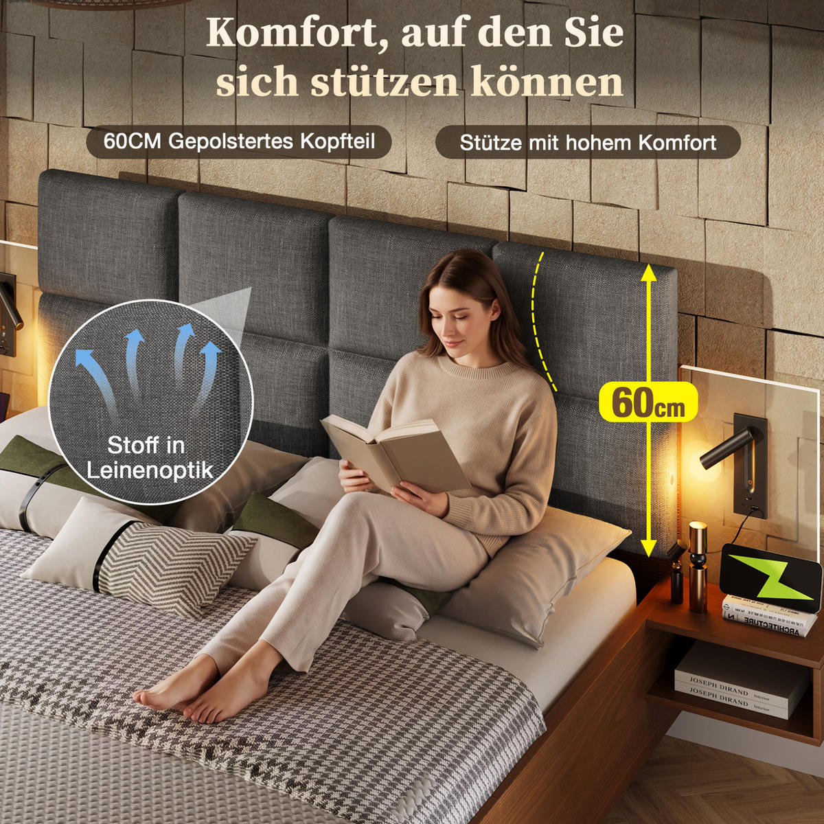 POLSTERBETT 180x200 cm Walnuss/Grau mit Leinen-Kopfteil, LED, USB-Anschlüssen und Nachttischen - Grau, Textil (180/200cm) - Modfu