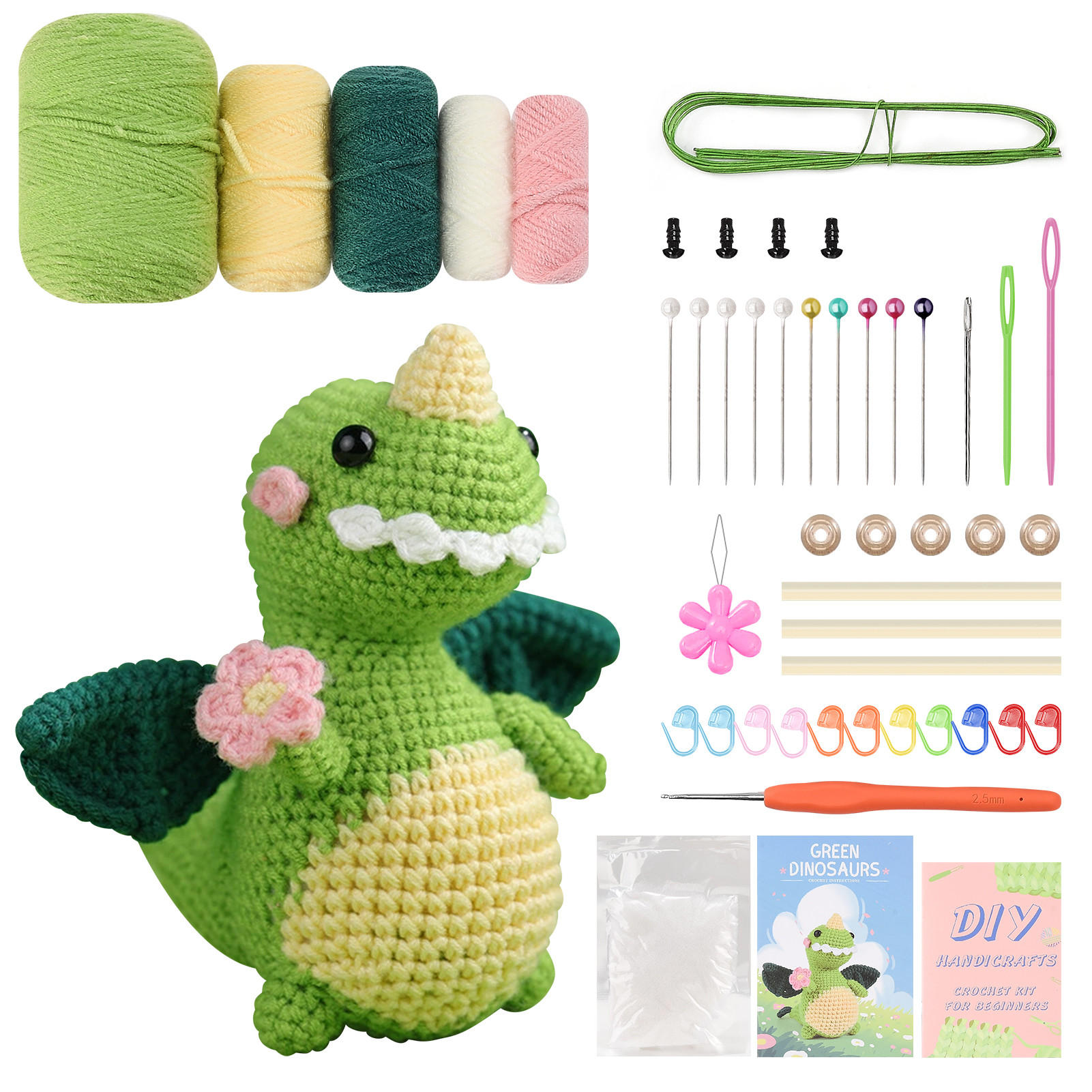 KOMPLET za heklanje zelenih dinosaura, DIY početnički set s uputama, komplet za heklanje za djecu i odrasle - zelena, tekstil (1/1/1cm)