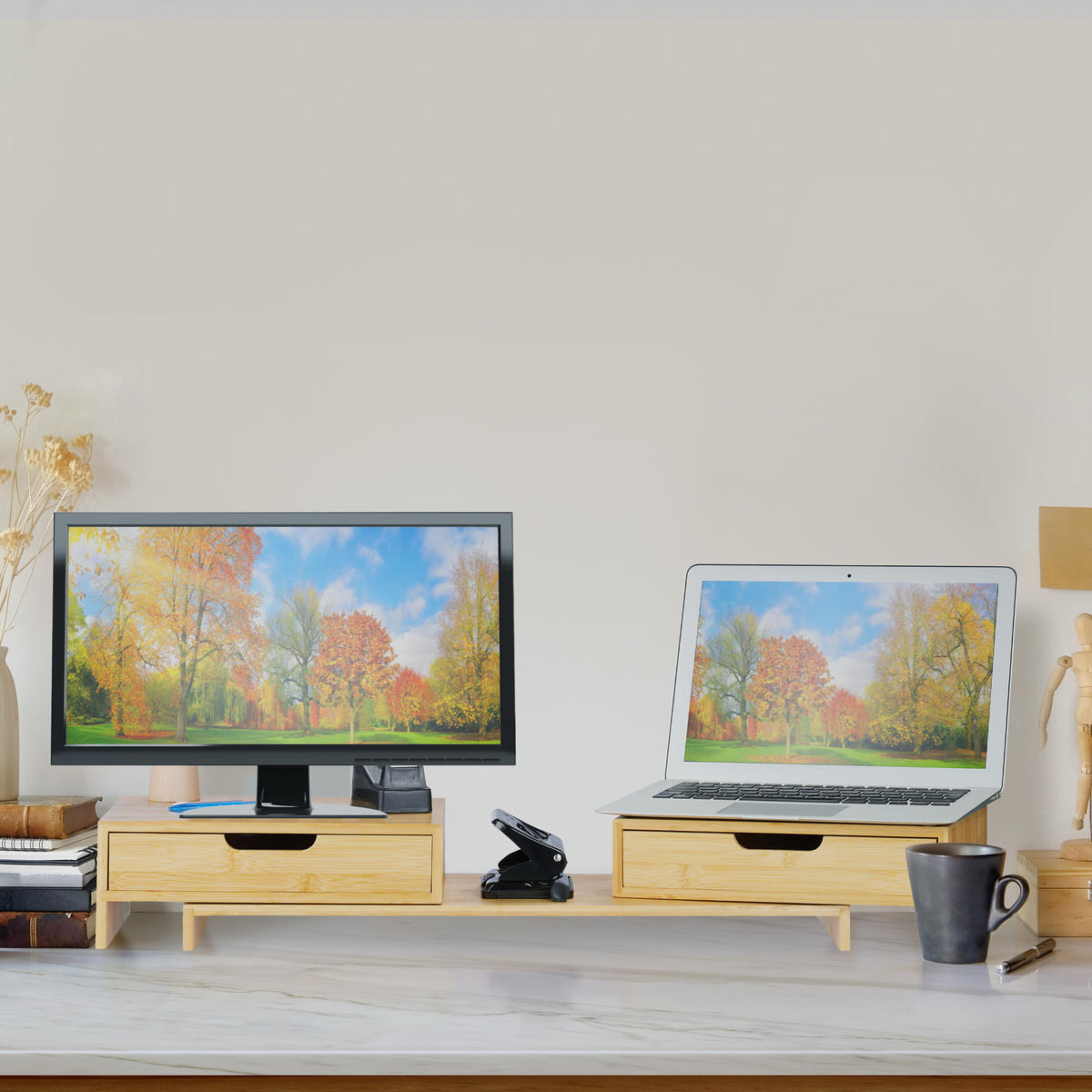 MONITORSTÄNDER Natur Bambus ausziehbar für 2 Monitore - Hellbraun, Holz/Holzwerkstoff (22/107/11cm) - Relaxdays
