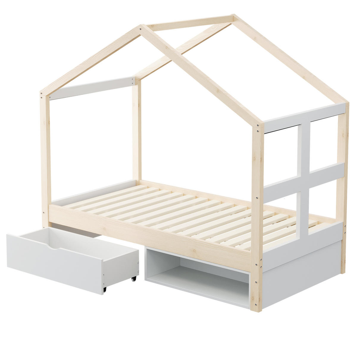 HAUSBETT 90/180 cm Weiß/Holzfarben aus Holz mit LED und Stauraum - Eichefarben, Holzwerkstoff (90/190cm) - OKWISH