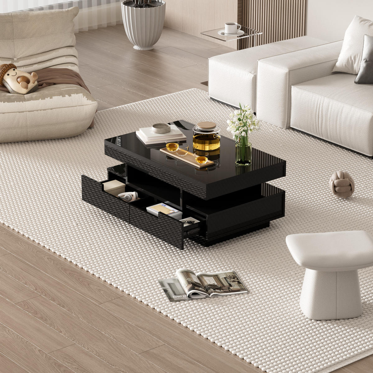 COUCHTISCH, Hochglanz-Spanplatte in Schwarz mit einstellbarer LED-Lichtleiste, 80/50/36 cm, Schwarz - Schwarz, Holzwerkstoff (80/50/36cm) - Redom