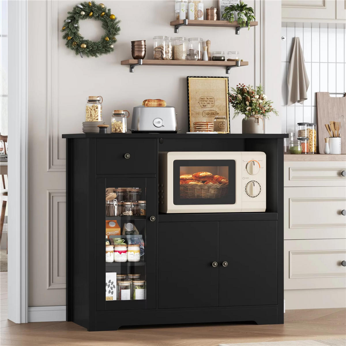 SIDEBOARD 90x82x40 cm Küchenschrank Mikrowellenregal Schwarz - Schwarz, Holz (90/82/40cm) - Kaket