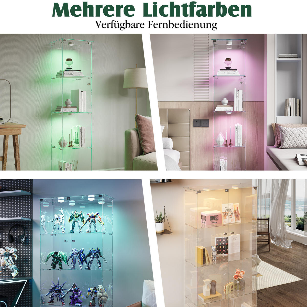 GLASVITRINE, 4 Glasböden, Doppeltür mit Schloss, Touch-LED, Schwarz - Schwarz, Glas (78.5/163/35cm) - BRILVERDE