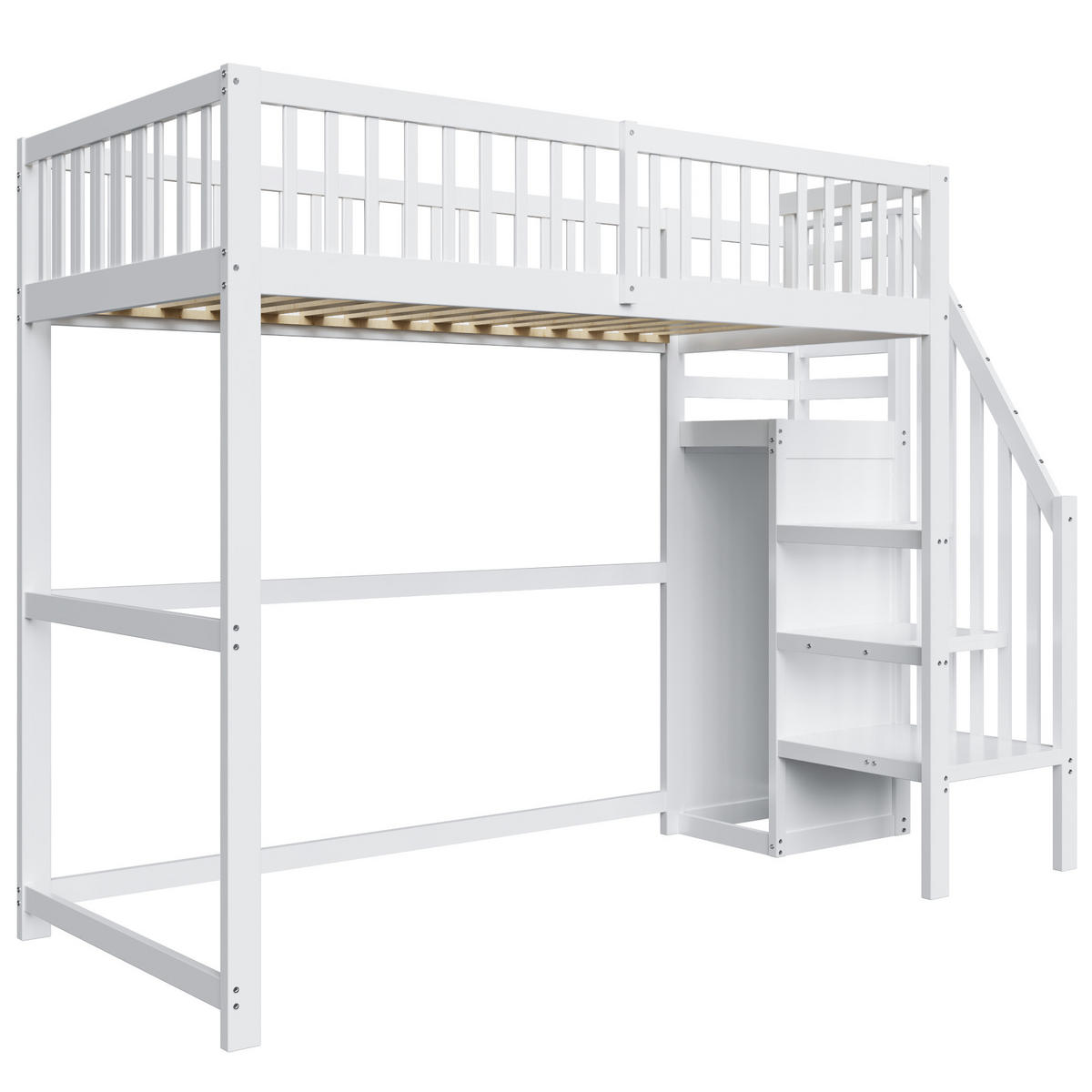 HOCHBETT aus Holz 90x200 cm in Weiß mit Treppe & Kleiderschrank - Weiß, Holz (90/200cm) - Modfu