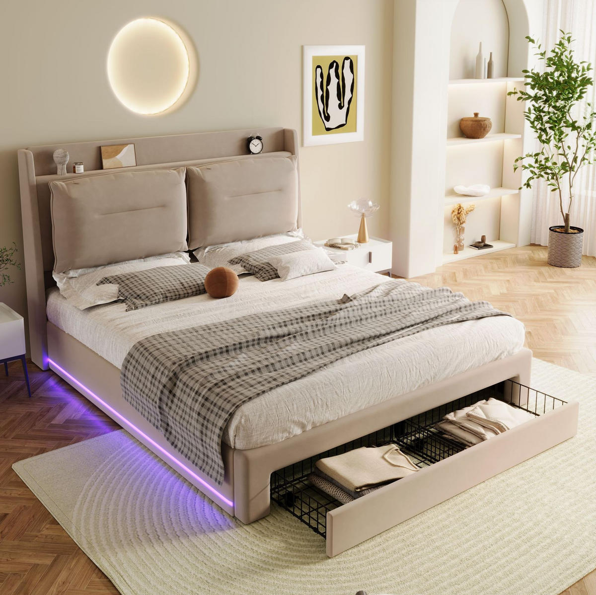 OBLAZINJENA žametna postelja 180/200 cm z LED osvetlitvijo, hidravličnim shranjevanjem in 2-v-1 predalom, Bež - bež, tekstil (180/200cm) - Redom