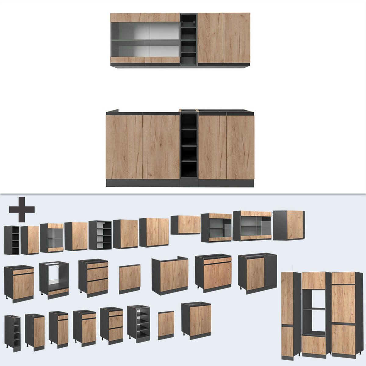 SINGLEKÜCHE R-Line Goldkraft Eiche/Anthrazit 160 cm J-Shape - Honigeiche/Anthrazit, Holzwerkstoff (160/81.6/46cm) - Vicco