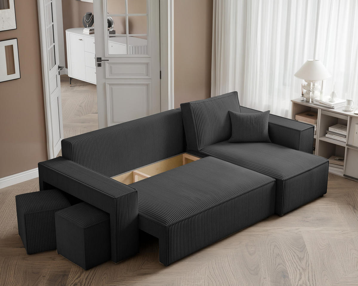ECKSOFA PARIS mit Schlaffunktion und Bettkasten Anthrazit - Anthrazit, Holzwerkstoff/Kunststoff (262/145cm) - Idohome